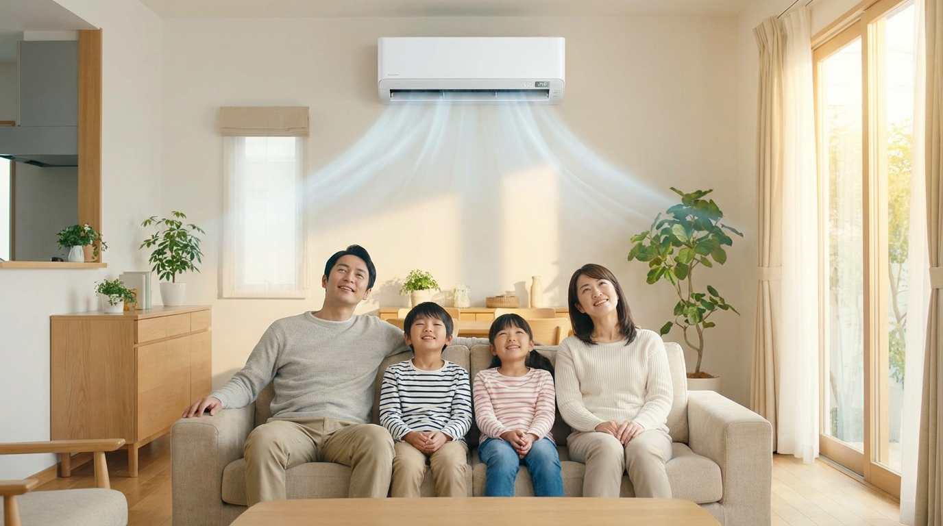 清潔なエアコンで快適な家族 熊本 田中電気商会