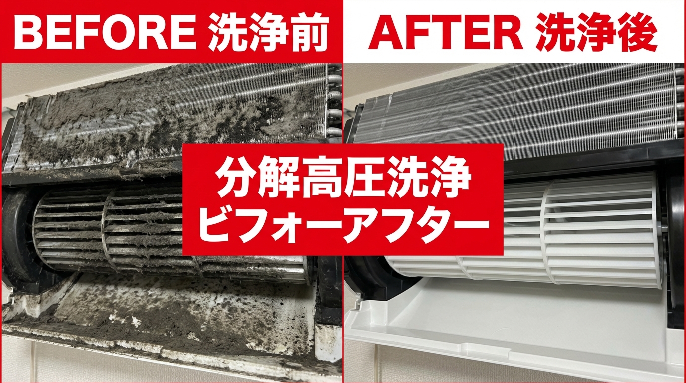 お掃除機能付きエアコン 分解高圧洗浄 ビフォーアフター施工プロセス｜熊本 田中電気商会